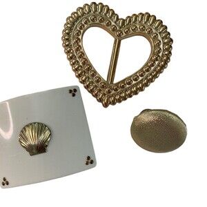 Vintage Belt Buckles Set – Gold Heart, Seashell, Fabric Button - 70s 80s